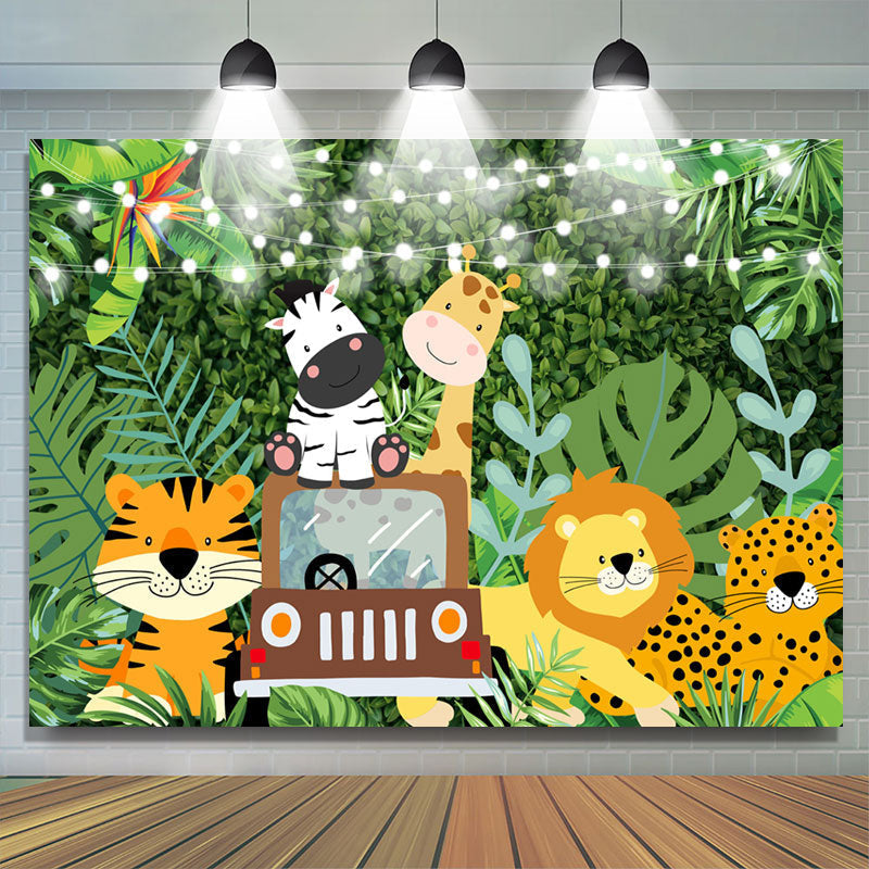 Lofaris Green Leaves And Little Animals Birthday Backdrops