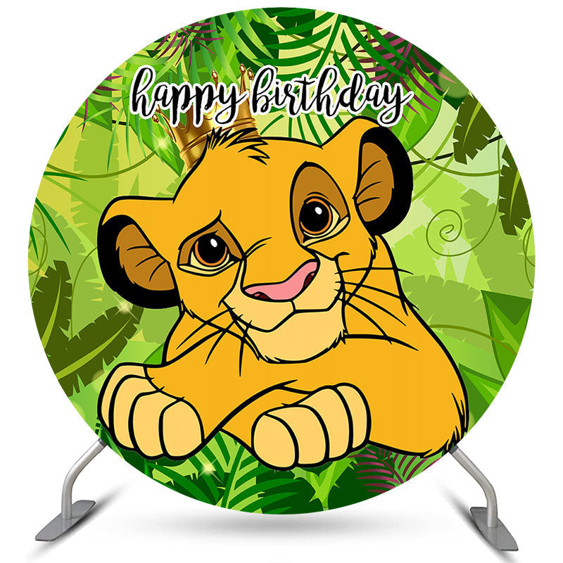 Lofaris Green Leaves And Little Lion Round Birthday Backdrop