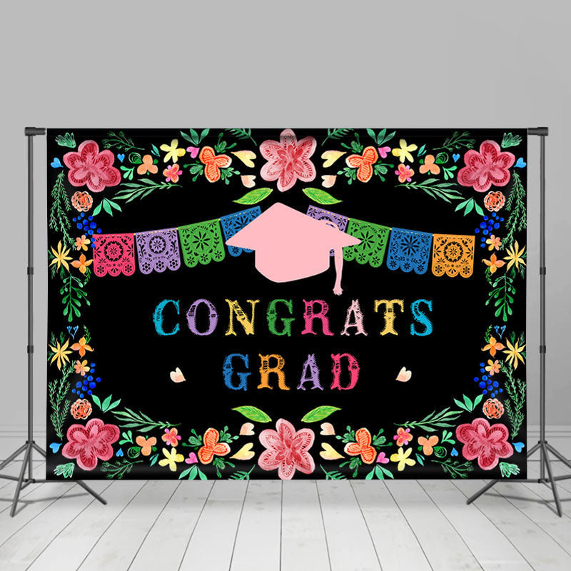 Lofaris Green Leaves And Pink Floral Black Congrats Grad Backdrop