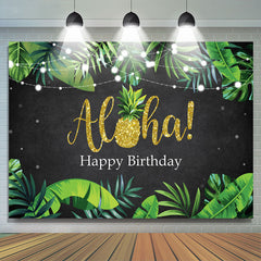 Lofaris Green Leaves Glitter Alha Black Happy Birthday Backdrop