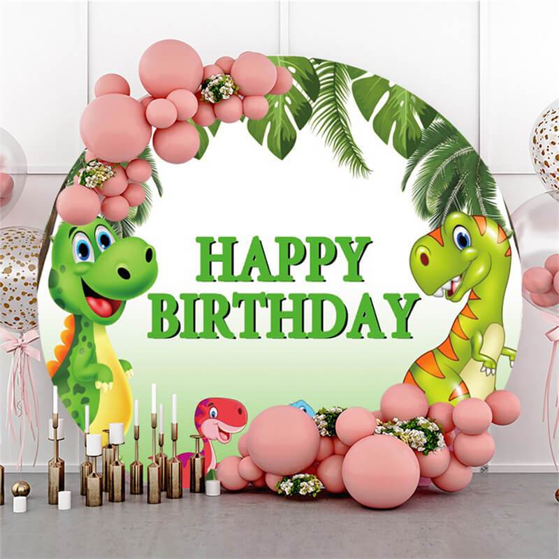 Green Plant And Dinosaur Circle Happy Birthday Backdrop - Lofaris