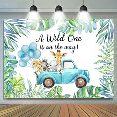 Lofaris Green Plant Blue Truck With Animals Birthday Backdrop