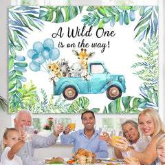 Lofaris Green Plant Blue Truck With Animals Birthday Backdrop