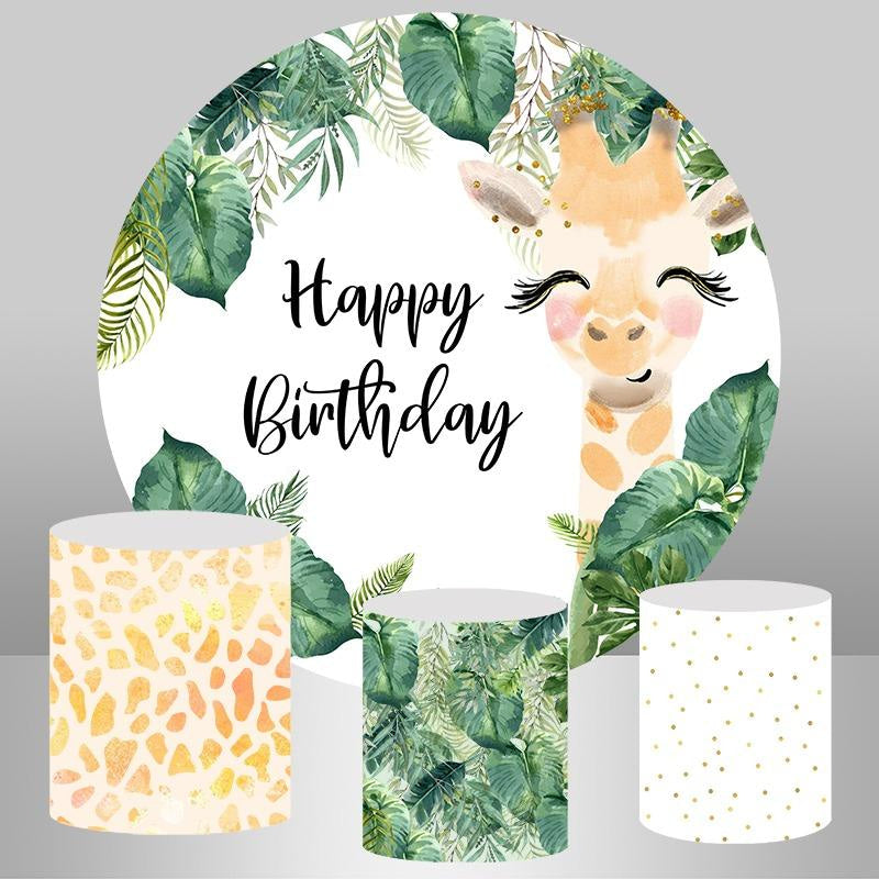 Lofaris Green Plants And Cute Giraffe Circle Birthday Backdrop