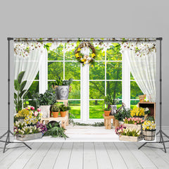 Lofaris Green Scene White Window Happy Easter Backdrop