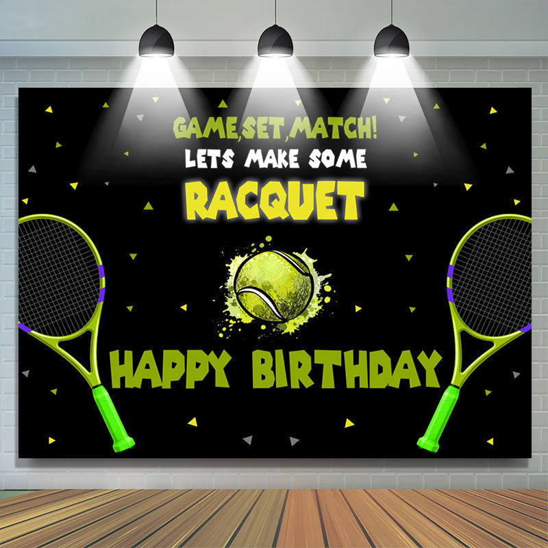 Lofaris Green Tennis Racquet Black Happy Birthday Backdrop