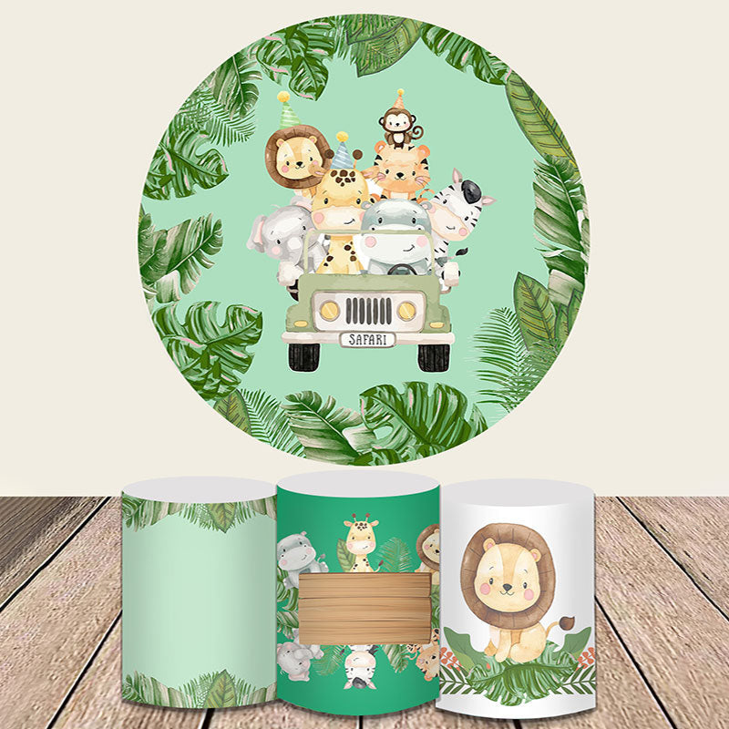 Lofaris Green Themed Round Animals On The Car Backdrop Kit