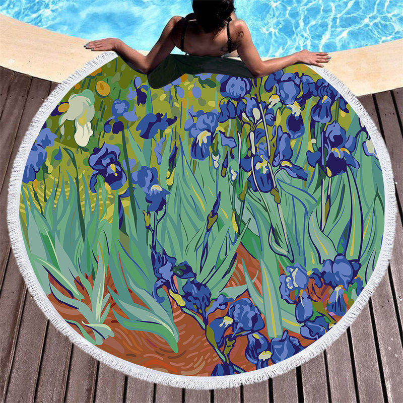 Lofaris Green Van Gogh Irises Round Beach Towel With Fringe