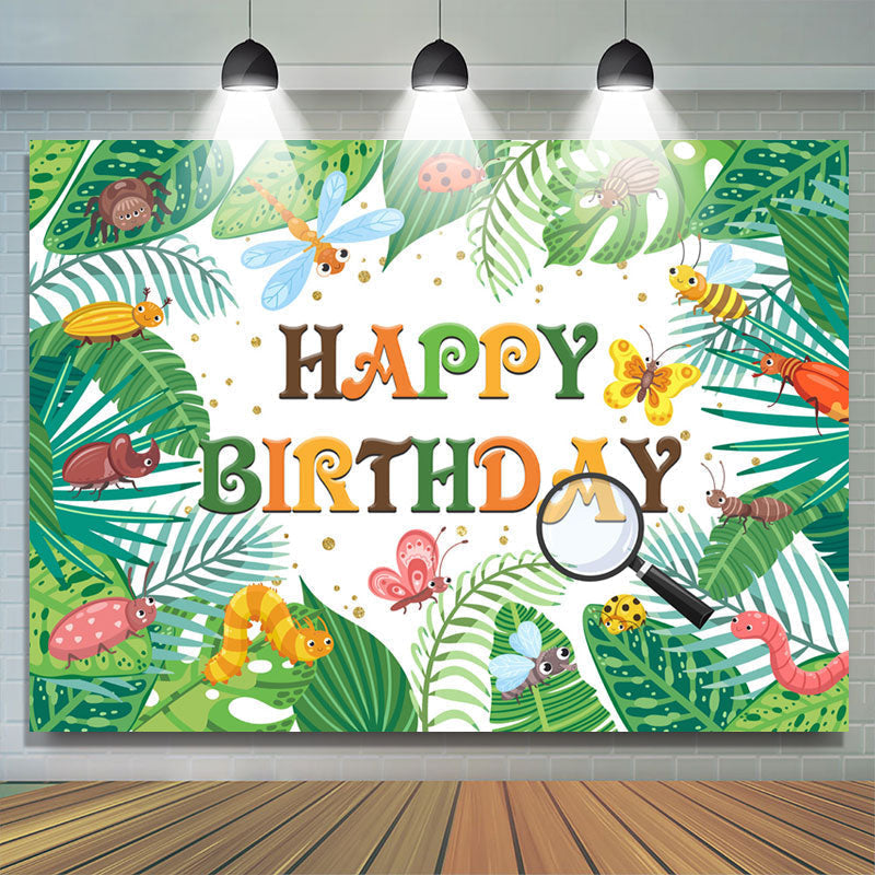 Lofaris Greeny Leaves And Cute Insect Happy Birthday Backdrop