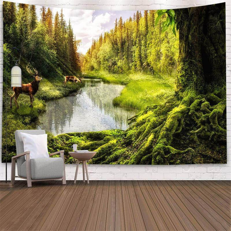 Lofaris Grenn And White Sky Mountain Animal Lake Wall Tapestry