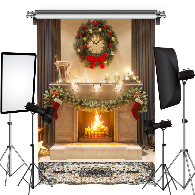 Lofaris Grey Curtain House With Christmas Wreath Holiday Backdrop