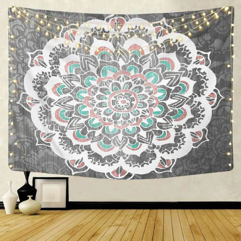 Lofaris Grey Psychedelic Lotus Bohemian Mandala Wall Tapestry