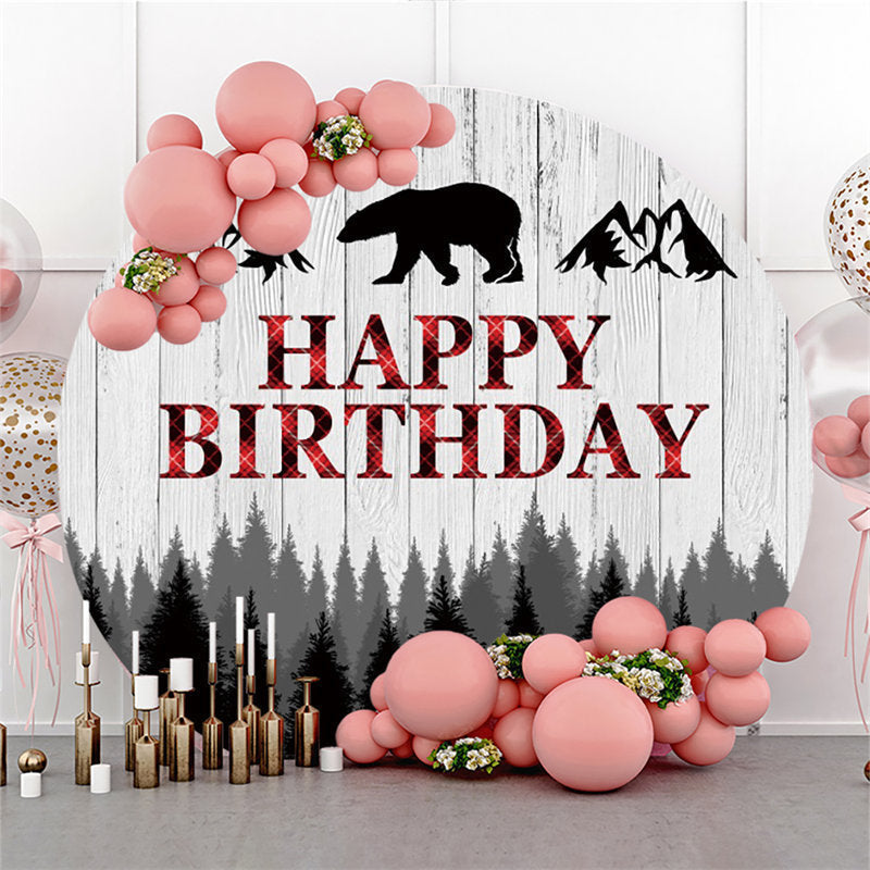 Lofaris Grey Wooden Forest Round A Bear Happy Birthday Backdrop