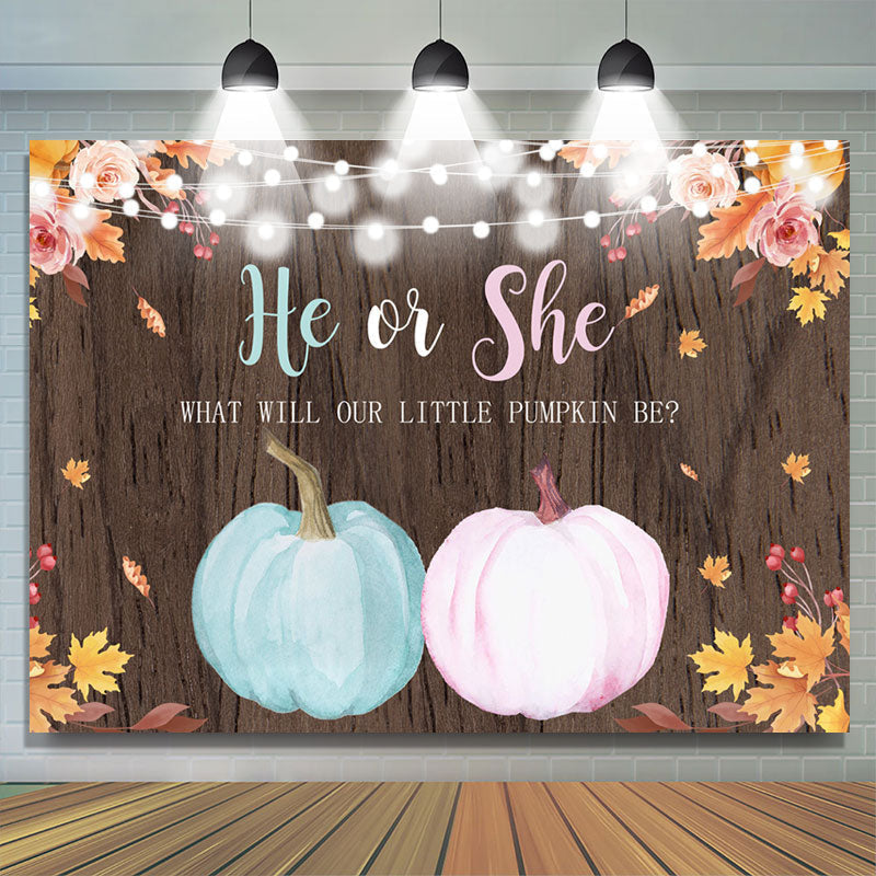 Lofaris He Or She Blue Pink Pumpkin Baby Shower Wood Backdrop