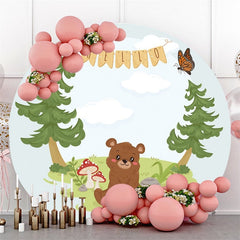 Lofaris Hello Brown Bear Round Green Trees Baby Shower Backdrop