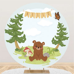 Lofaris Hello Brown Bear Round Green Trees Baby Shower Backdrop