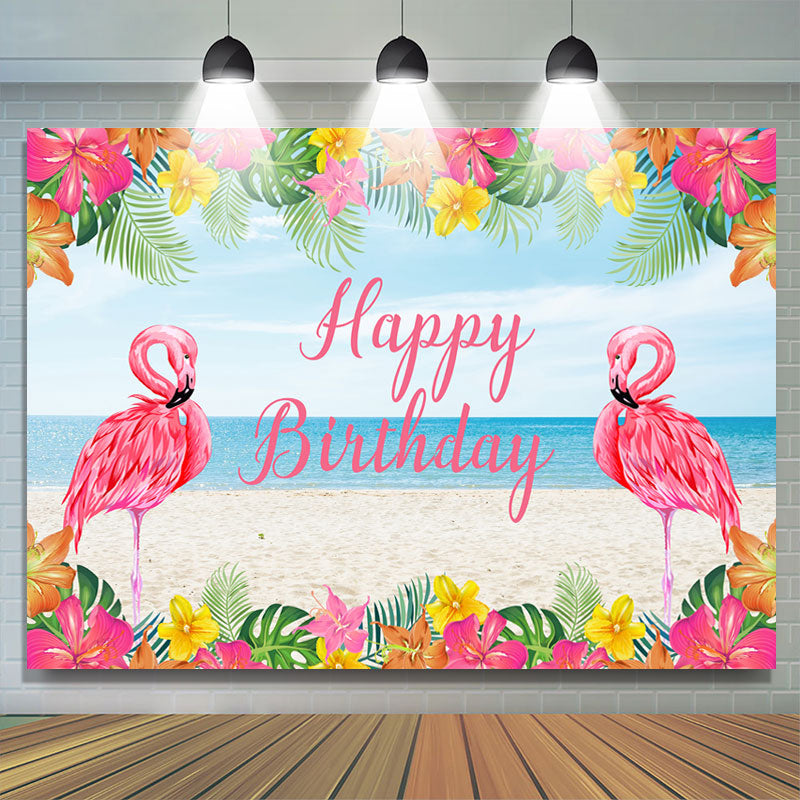 Lofaris Hot Pink Floral Flamingo Happy Summer Birthday Backdrop