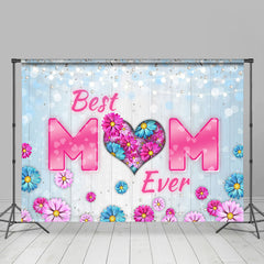 Lofaris Hot Pink Flowers Blue Wooden Best Mom Ever Backdrop