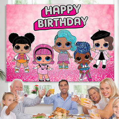 Lofaris Hot Pink Glitter Little Dolls Happy Birthday Backdrop