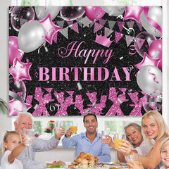 Lofaris Hot Pink Sliver Balloons Glitter Black Birthday Backdrop