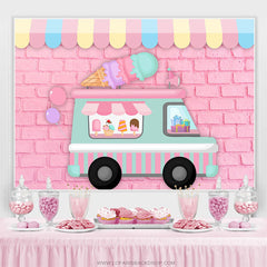 Lofaris Ice Cream Car Pink Brick Wall Happy Birthday Backdrop