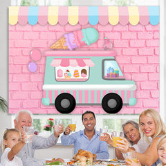 Lofaris Ice Cream Car Pink Brick Wall Happy Birthday Backdrop