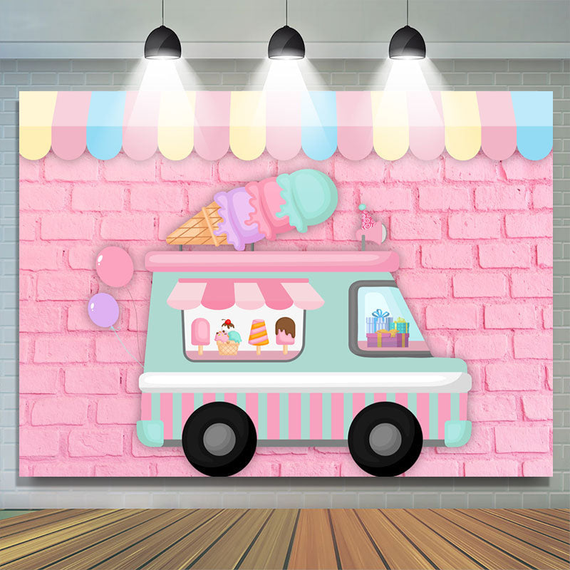 Lofaris Ice Cream Car Pink Brick Wall Happy Birthday Backdrop