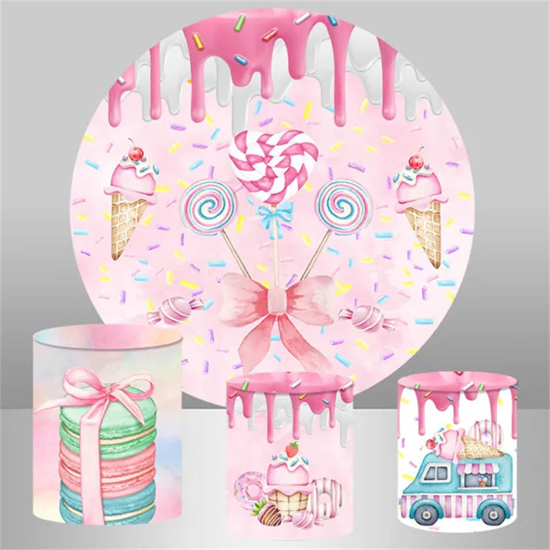 Lofaris Ice Cream Lollipop Pink Round Birthday Backdrop Kit