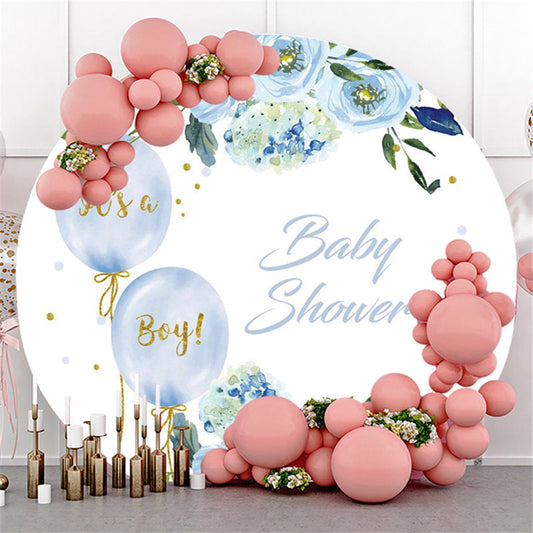 Its A Boy Blue Flower Balloons Round Baby Shower Backdrop -Lofaris