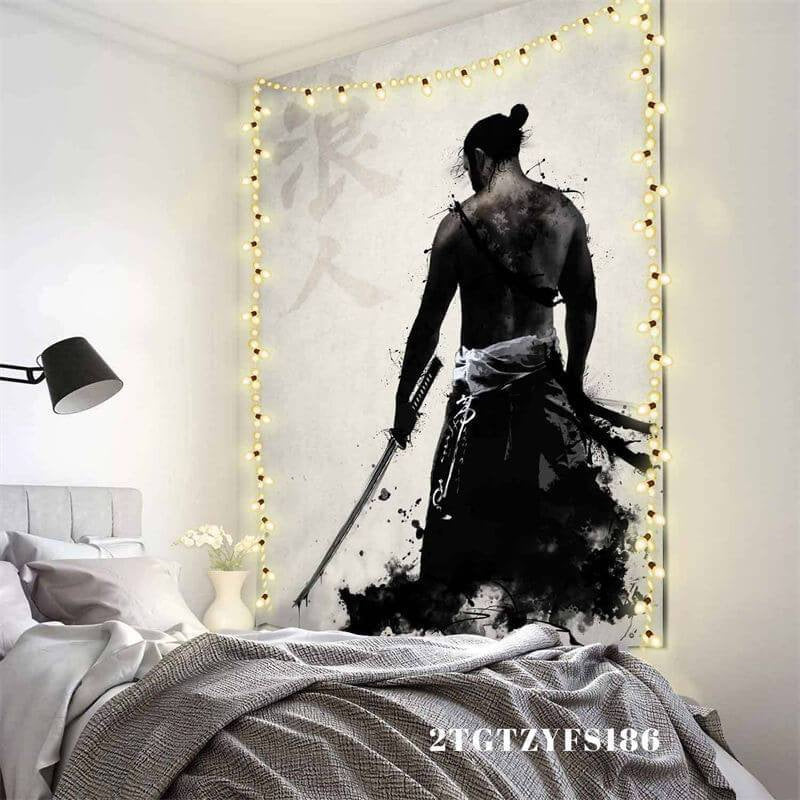 Lofaris Japanese Samurai Black And White Painting Style Wall Tapestry