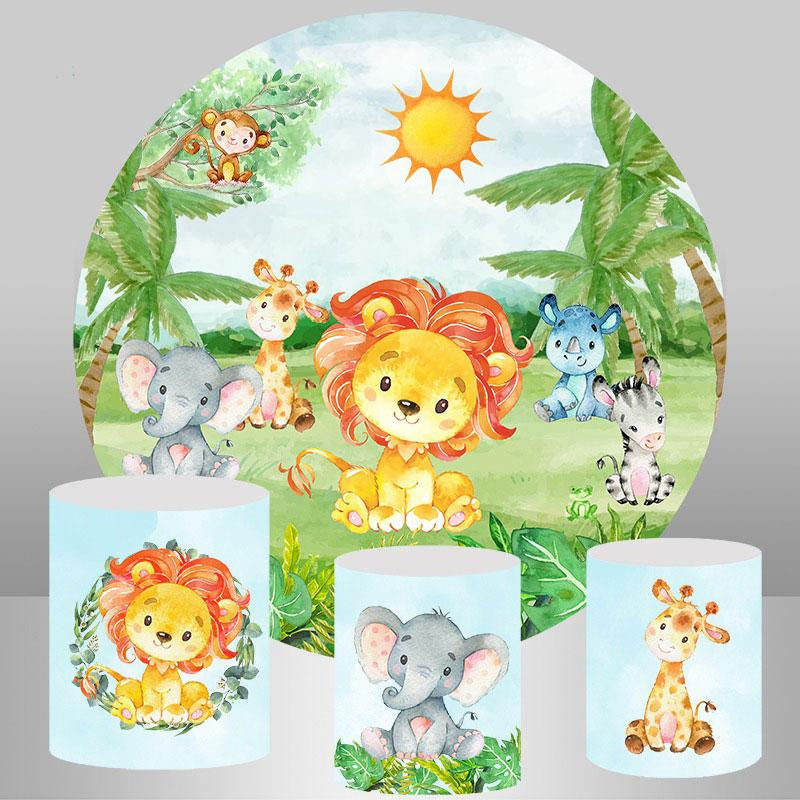 Lofaris Jungel Animals And Sun Round Boys Baby Shower Backdrop