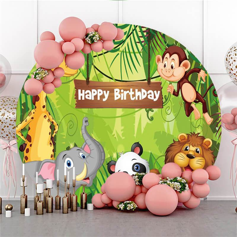 Lofaris Jungle Forest And Animal Circle Happy Birthday Backdrop