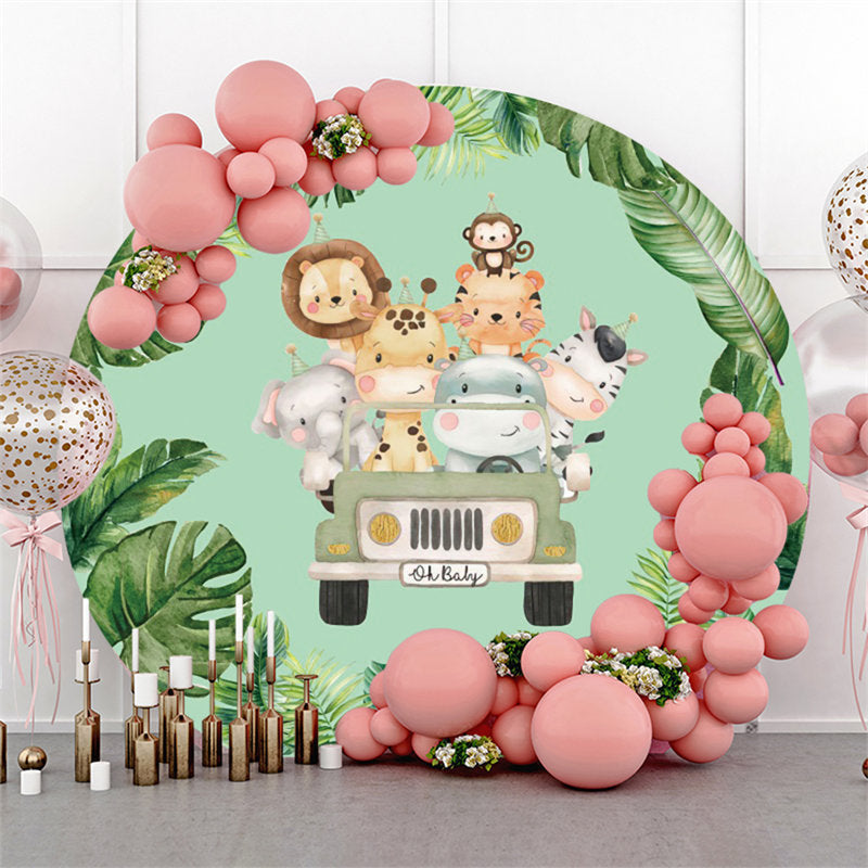 Lofaris Jungle Green Animals On The Truck Round Kid Backdrop