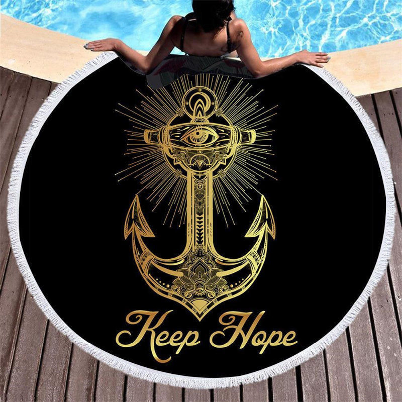 Lofaris Keep Hope Gold Anchor Cool Black Roundie Beach Towel