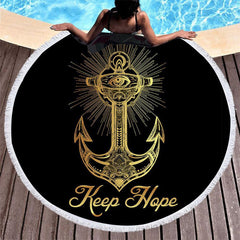 Lofaris Keep Hope Gold Anchor Cool Black Roundie Beach Towel