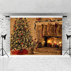 Lofaris Khaki Chrismas Tree With Stocking Stone Brick Backdrop