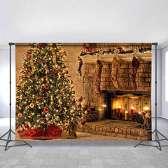 Lofaris Khaki Chrismas Tree With Stocking Stone Brick Backdrop