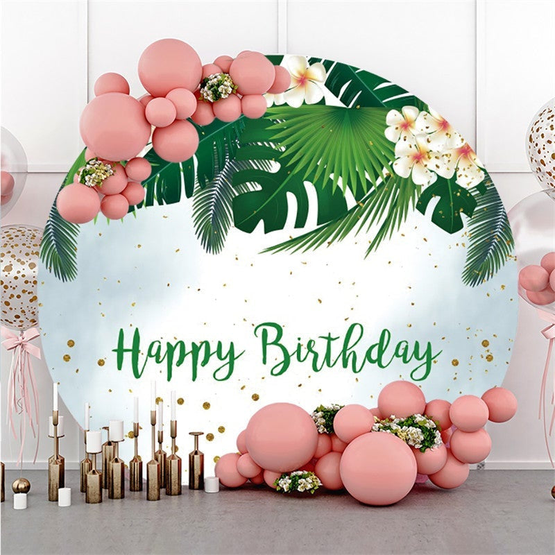 Lofaris Leaves And White Flower Circle Happy Birthday Backdrop