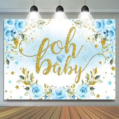 Lofaris Light Blue Flowers And Glitter Baby Shower Backdrop