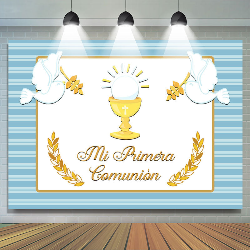 Lofaris Light Blue Stripes Gold Mi Primera Baby Shower Backdrop