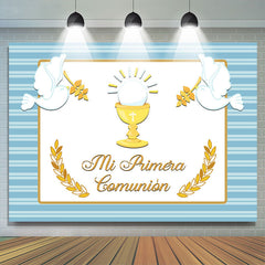 Lofaris Light Blue Stripes Gold Mi Primera Baby Shower Backdrop