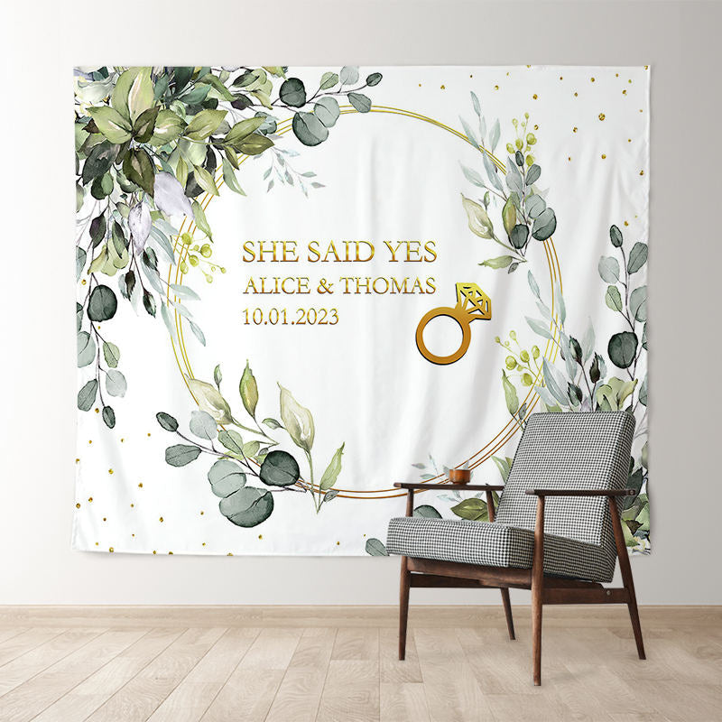 Lofaris Light Green Leaves Gold She Said Yes Wedding Backdrop