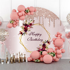 Lofaris Light Pink Glitter Round Floral Happy Birthday Backdrop
