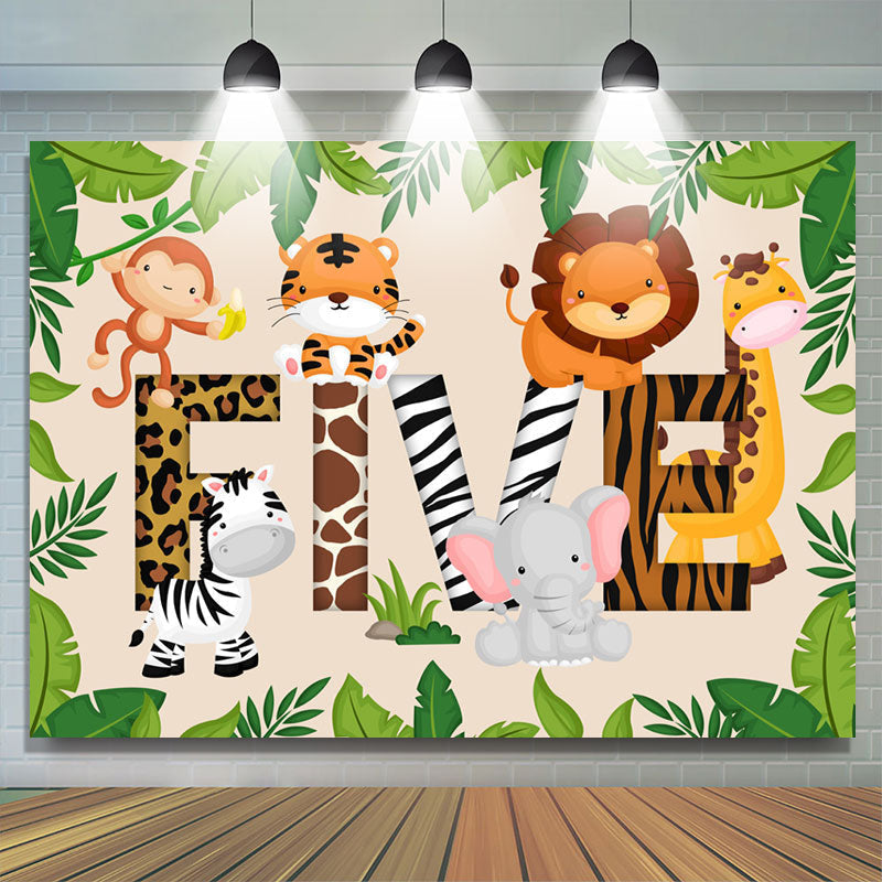 Lofaris Little Cute Cartoon Animals Five Happy Birthday Backdrop