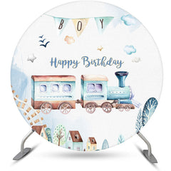 Lofaris Lovely Train Cross Sky Round Happy Birthday Backdrop