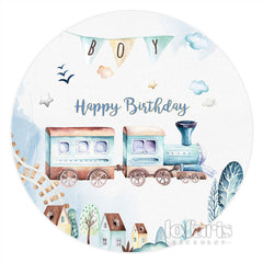 Lofaris Lovely Train Cross Sky Round Happy Birthday Backdrop