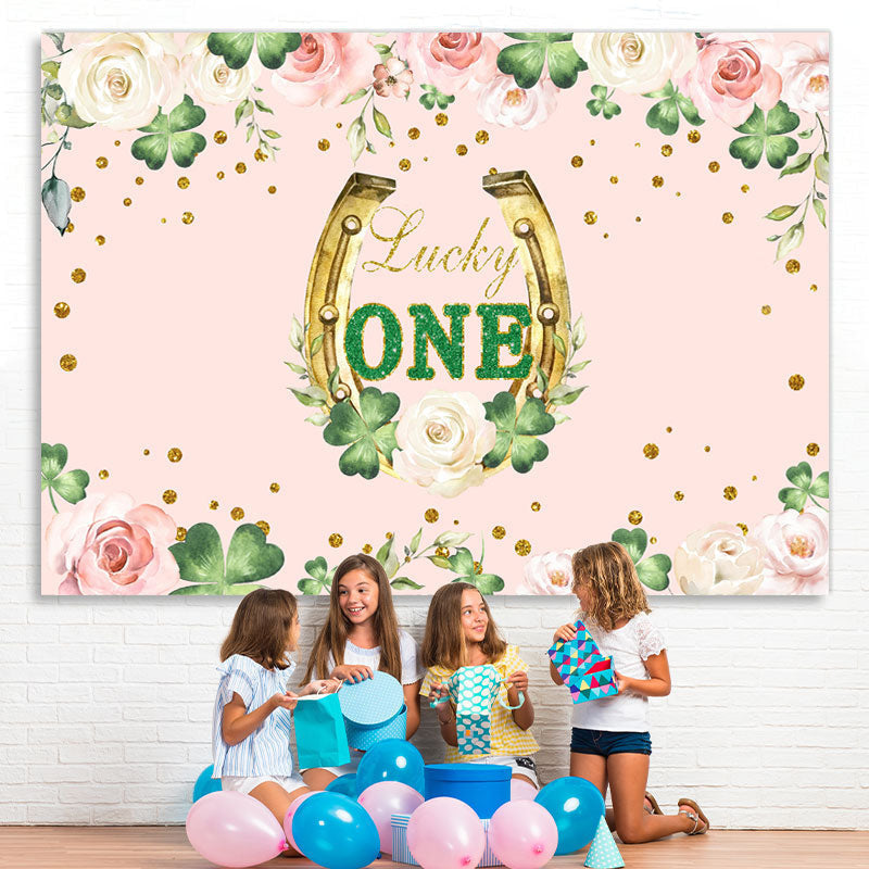 Lofaris Lucky One Floral Clover Pink 1st Birthday Backdrop