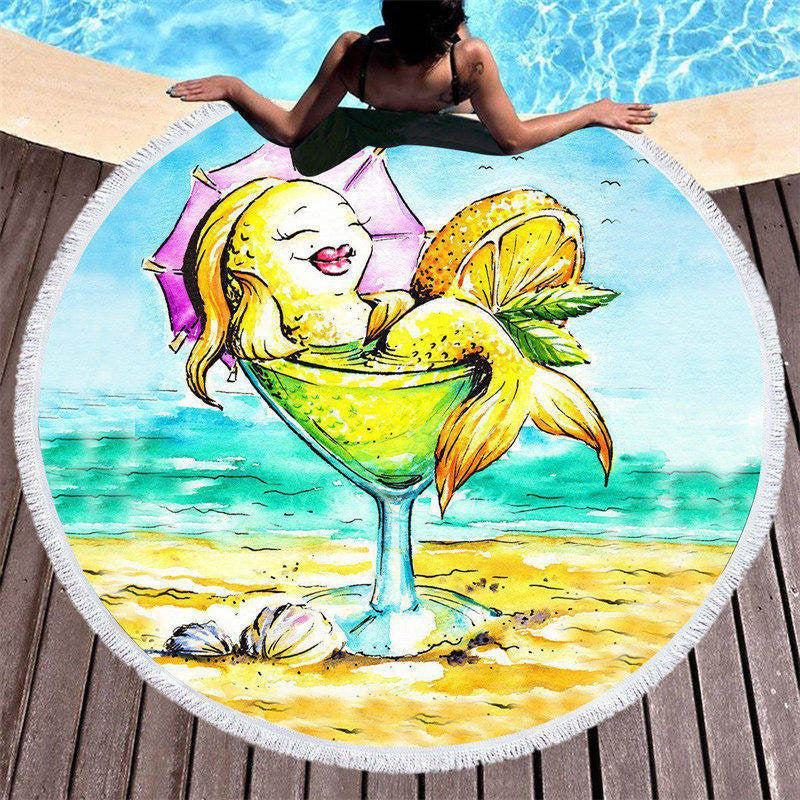 Lofaris Margarita Mermaid Painting Round Beach Blanket With Fringe