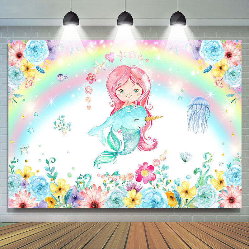 Lofaris Mermaid And Dolphin With Floral Birthday Party Backdrop