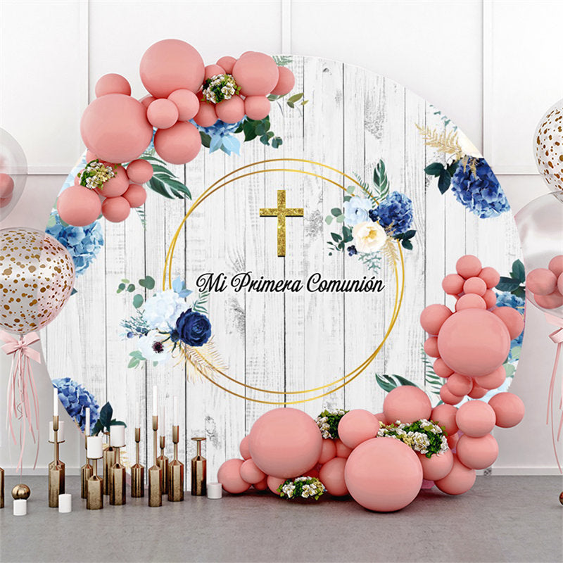 Lofaris Mi Primera Comunion Floral Girl Baptism Round Backdrop